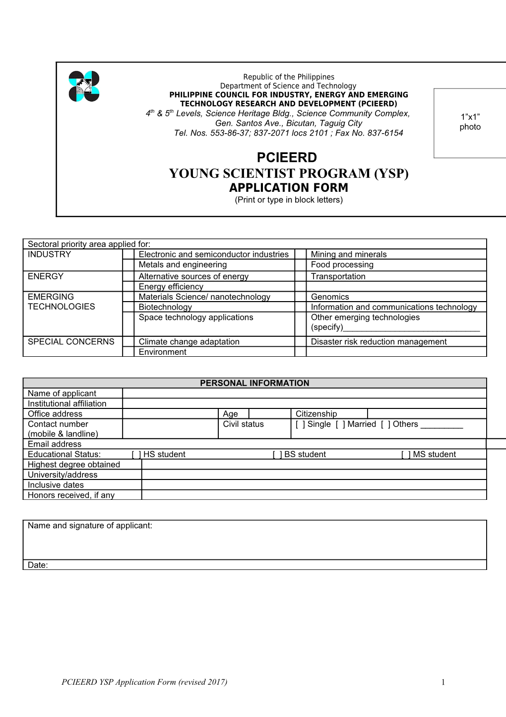 PCIEERD Yspapplication Form (Revised 2017)