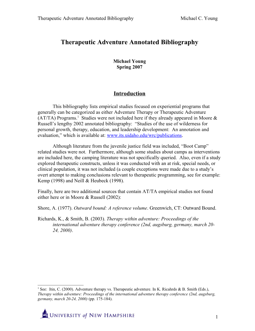 Therapeutic Adventure Annotated Bibliography