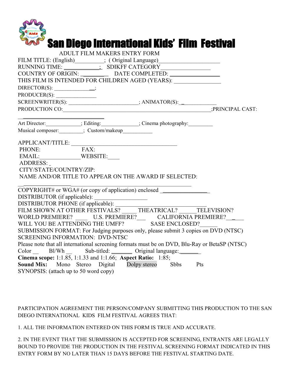 Adult Film Makers Entry Form