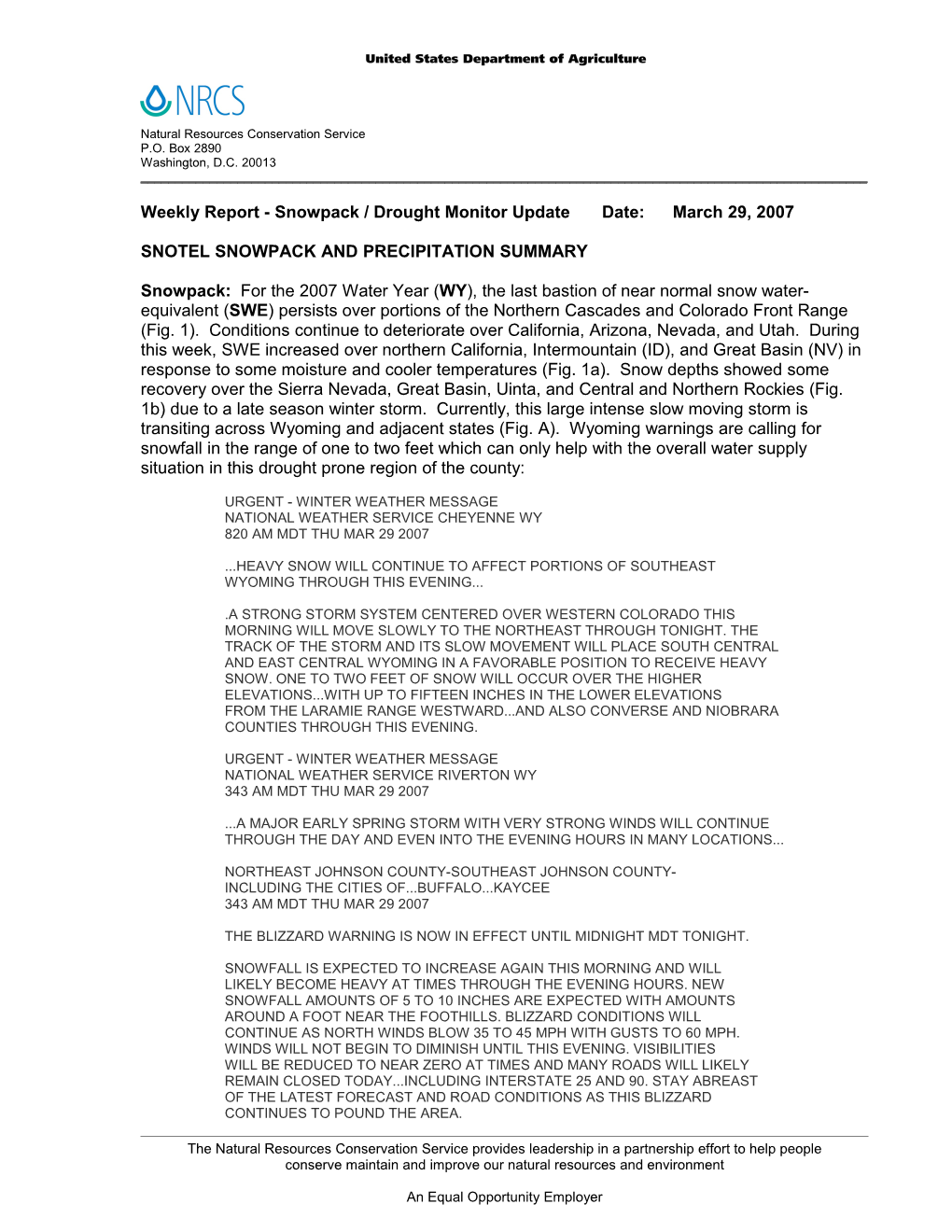 Weekly Report Drought Monitor / Snowpack Update