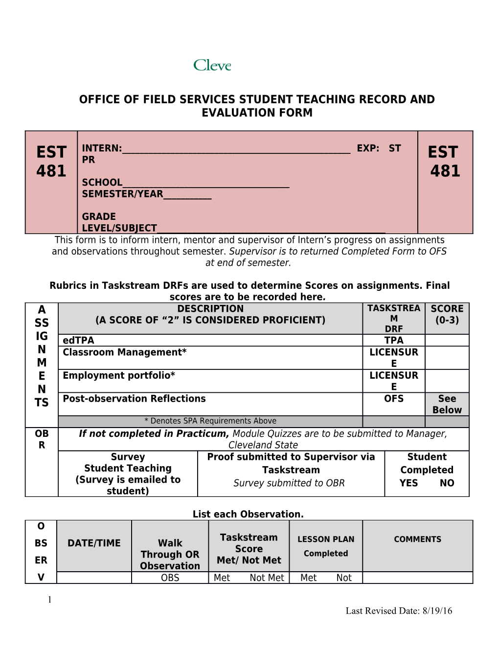 Office of Field Services Student Teaching Record and Evaluation Form