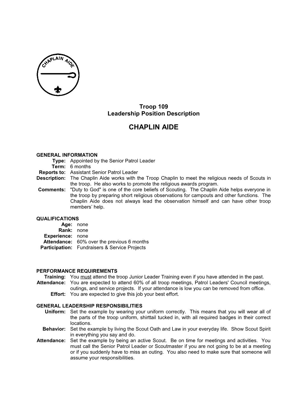 Troop 109 Leadership Position Description