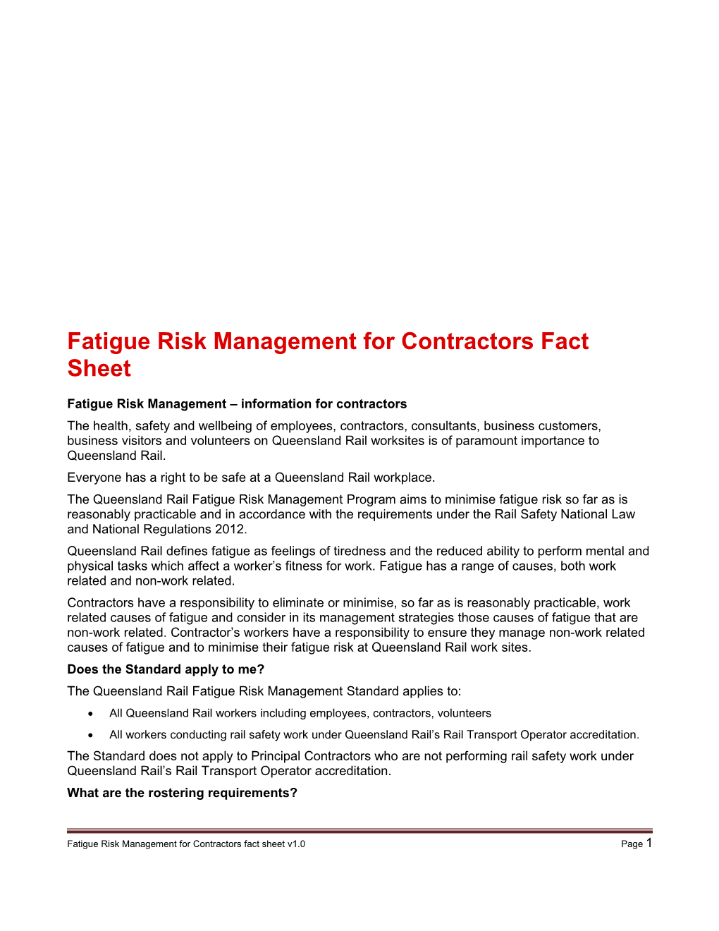 Fatigue Risk Management for Contractors Fact Sheet