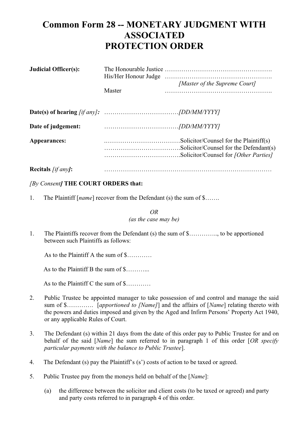 Common Form 28 - MONETARY JUDGMENT with ASSOCIATED