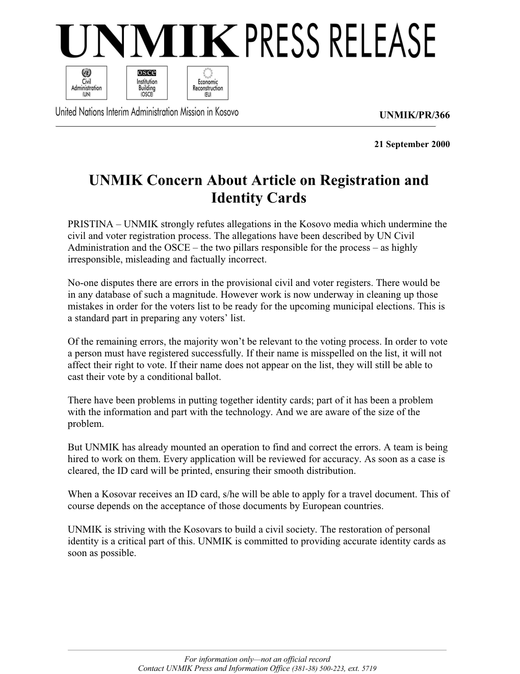 21/09/2000 - UNMIK Concern About Article on Registration and Identity Cards