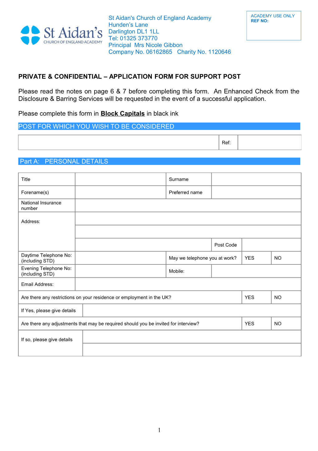 Private & Confidential Application Form for Support Post