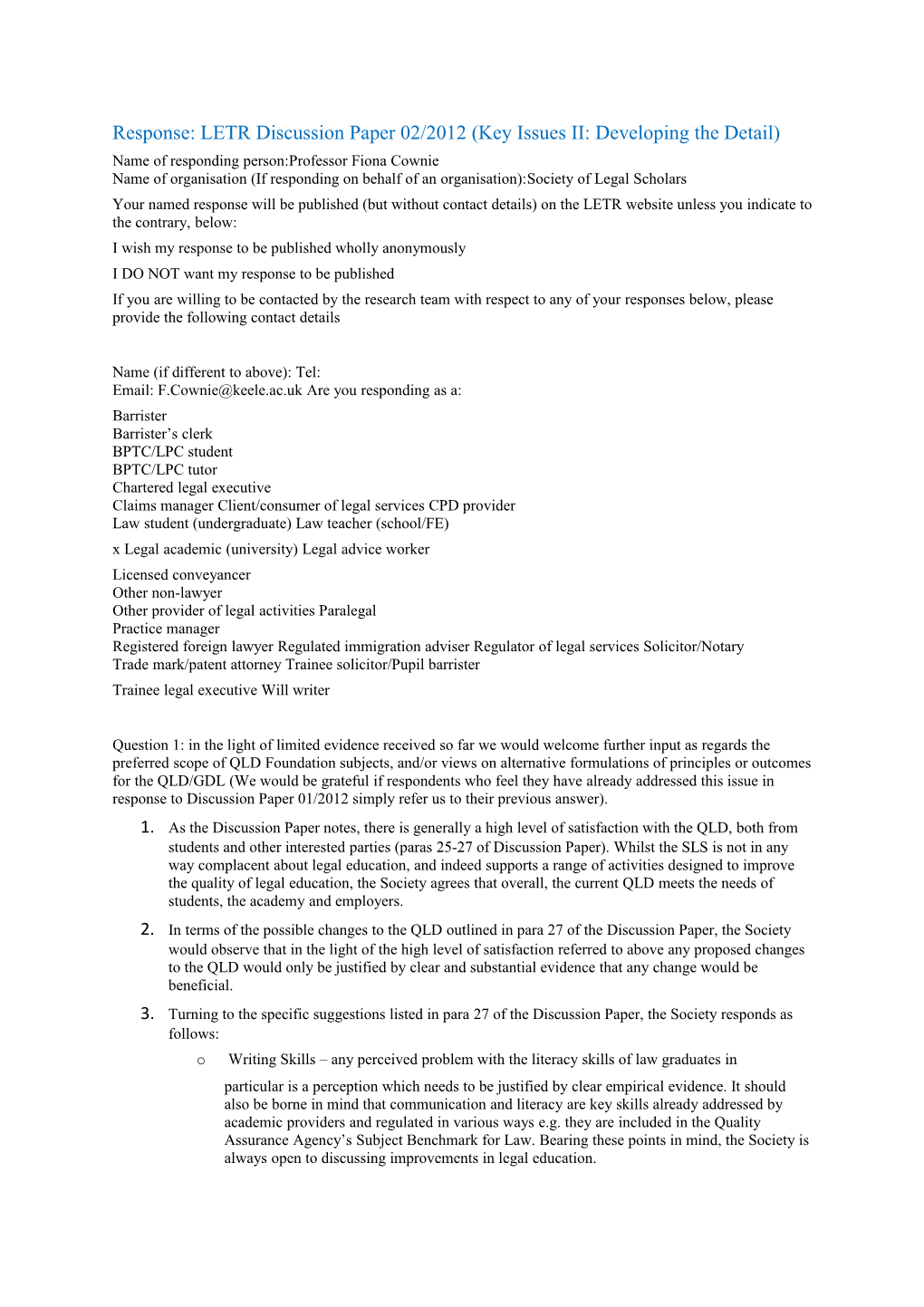 Response: LETR Discussion Paper 02/2012 (Key Issues II: Developing the Detail)