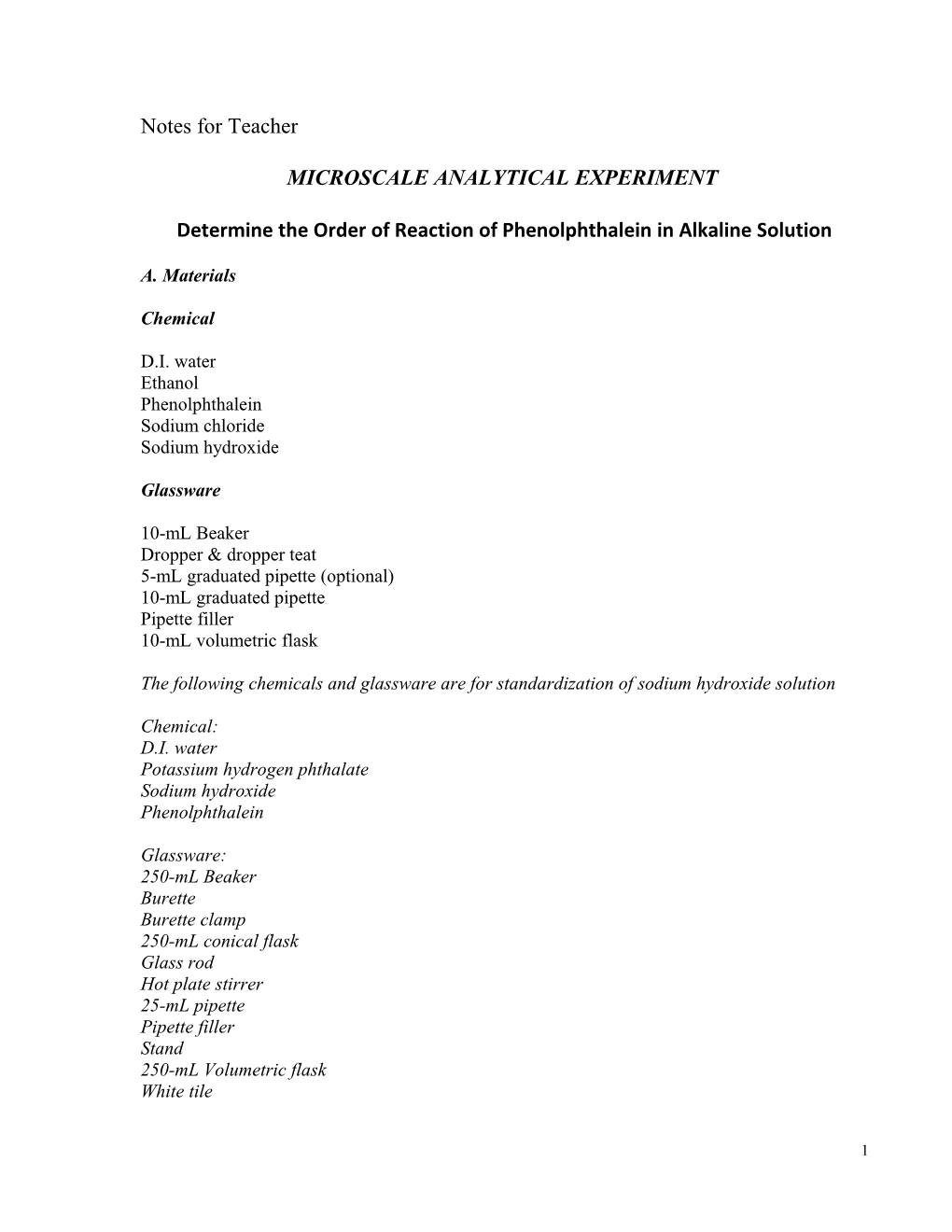 Determine the Order of Reaction of Phenolphthalein in Alkaline Solution