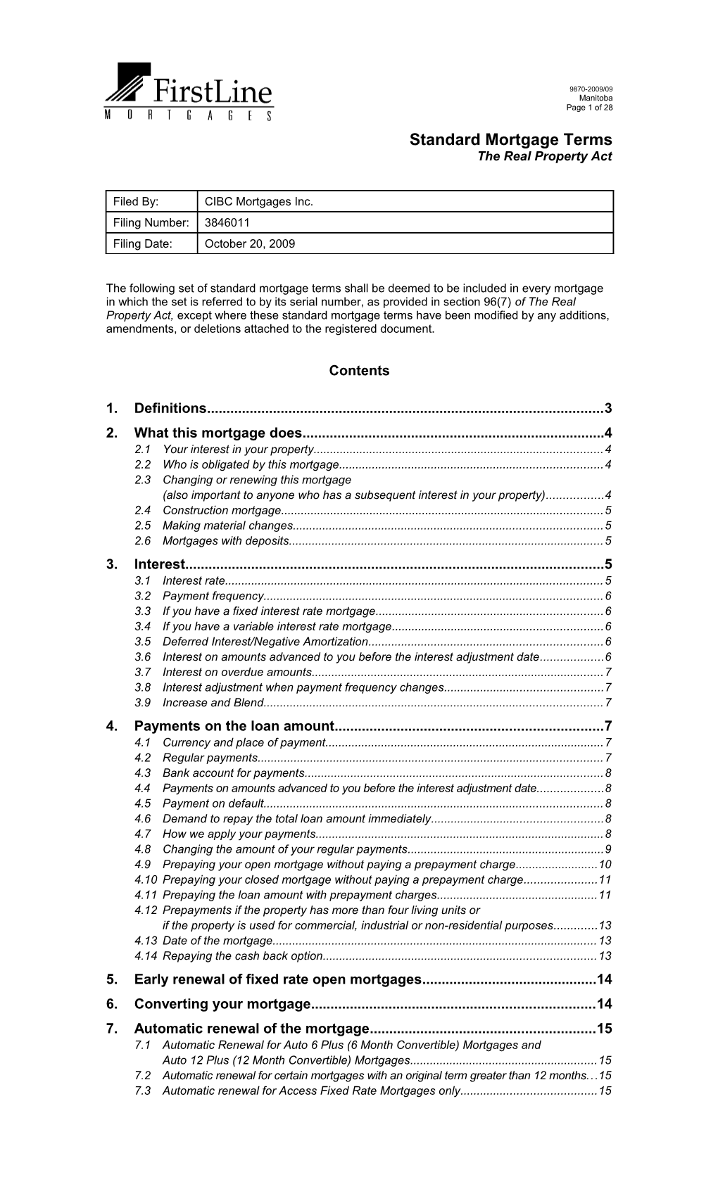 Standard Mortgage Terms (9870 Manitoba-2009/09)