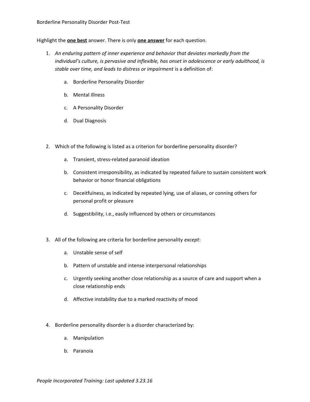 Borderline Personality Disorder Post-Test