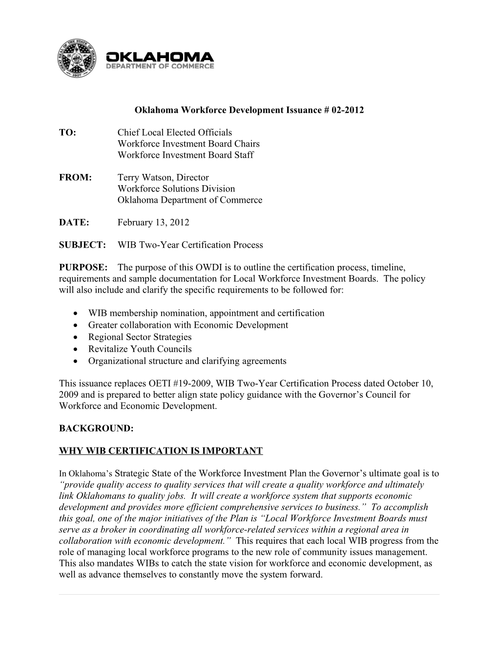 Oklahoma Workforce Development Issuance # 02-2012