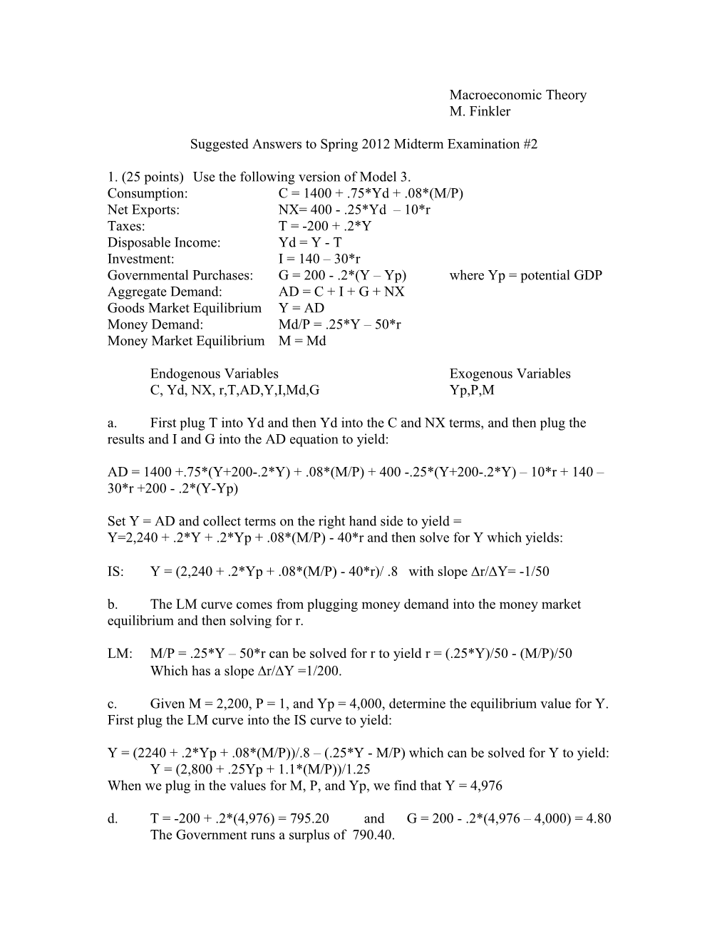 Suggested Answers to Spring 2012 Midterm Examination #2