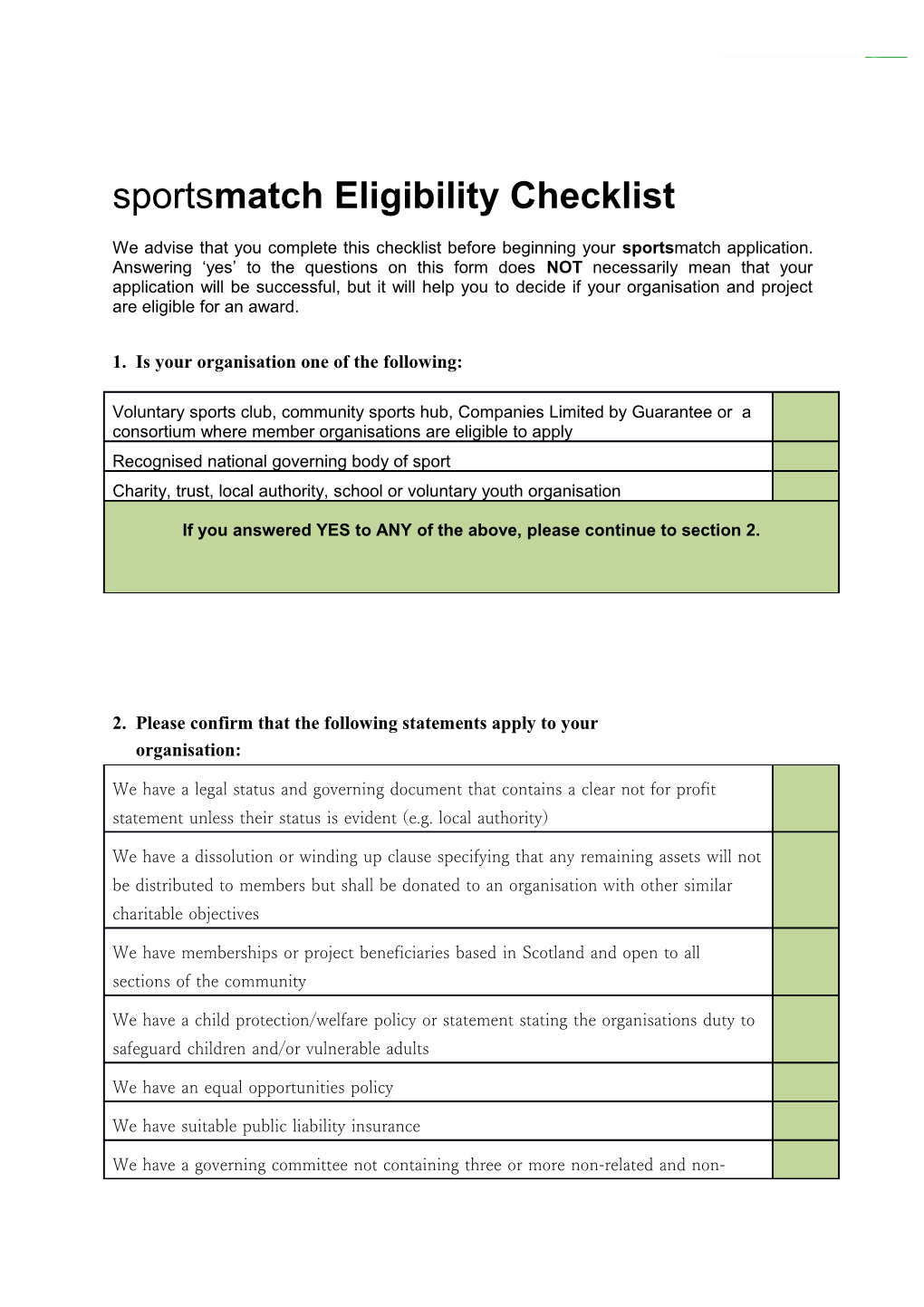 Sportsmatch Eligibility Checklist 2011