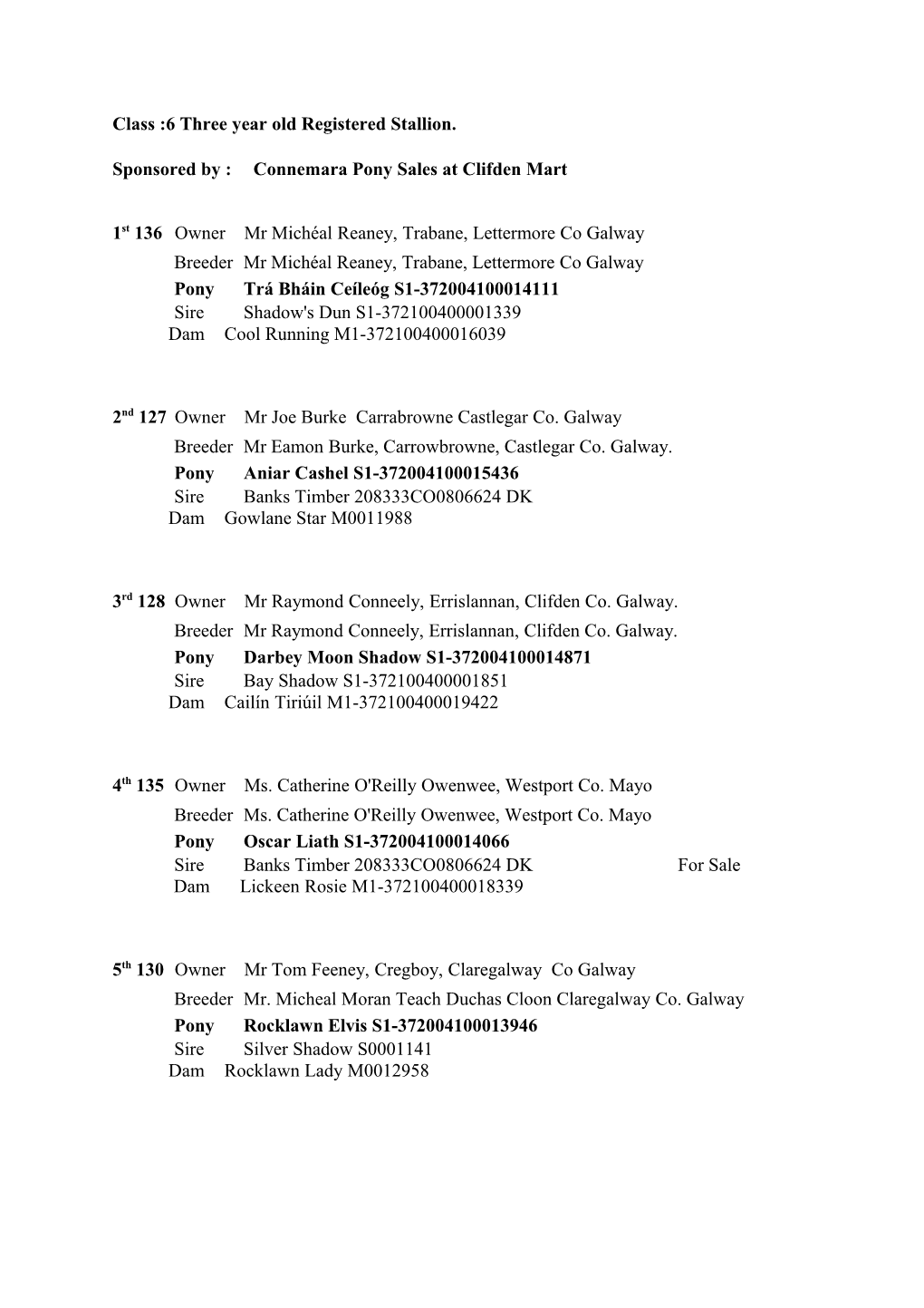 Class :6 Three Year Old Registered Stallion
