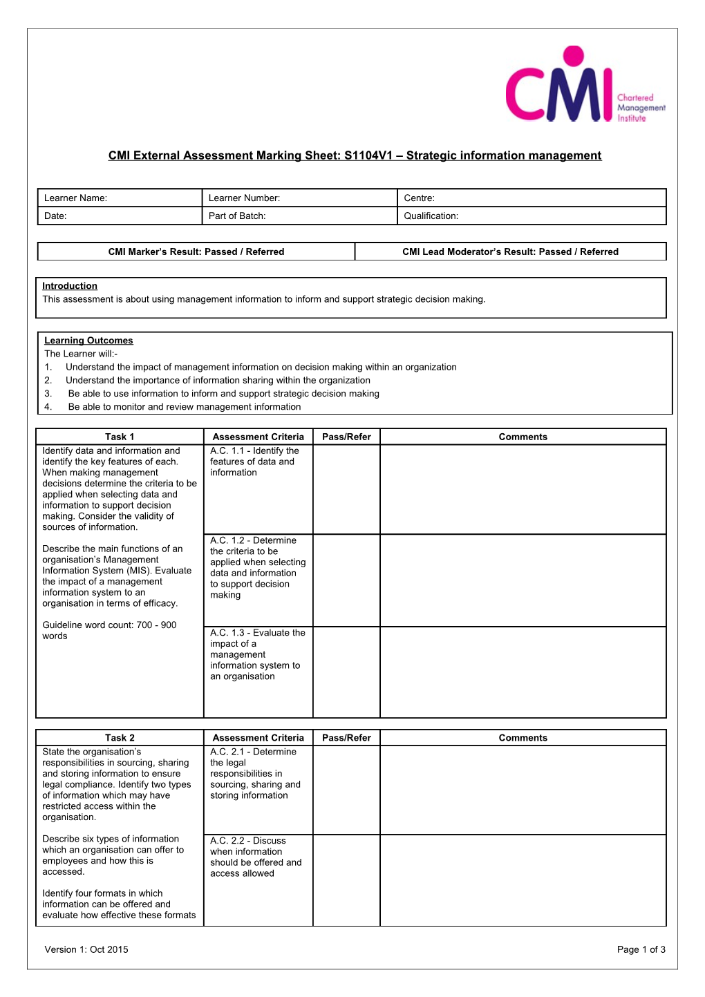 CMI External Assessment Marking Sheet:S1104V1 Strategic Information Management