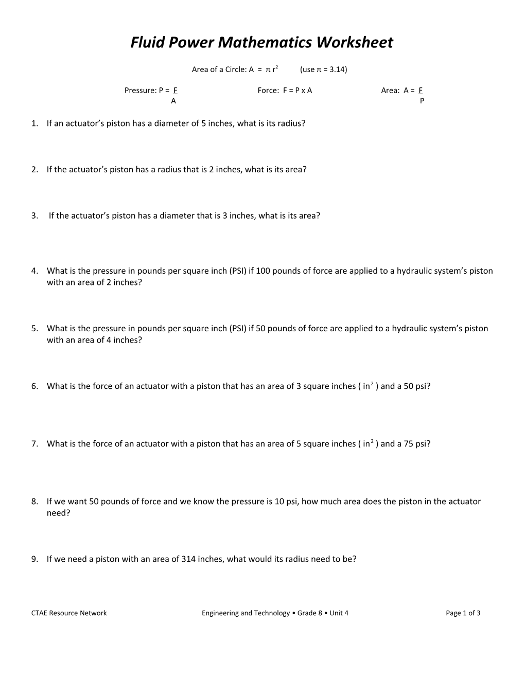 Fluid Power Mathematics Worksheet