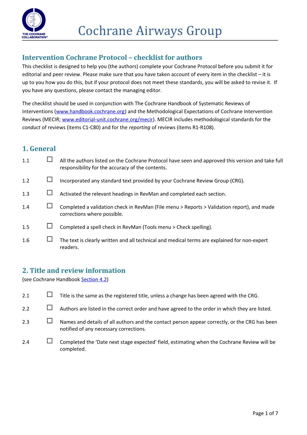 Intervention Cochrane Protocol Checklist for Authors