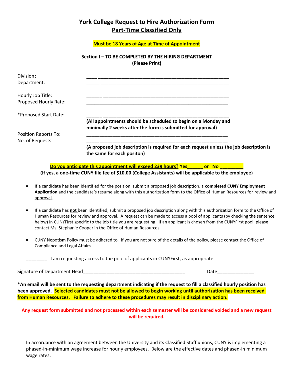 York College Request to Hire Authorization Form