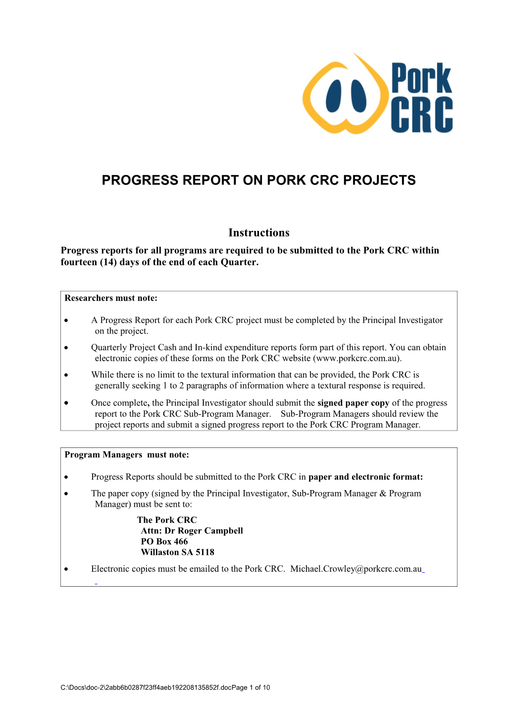 Progress Report on Pork Crc Projects