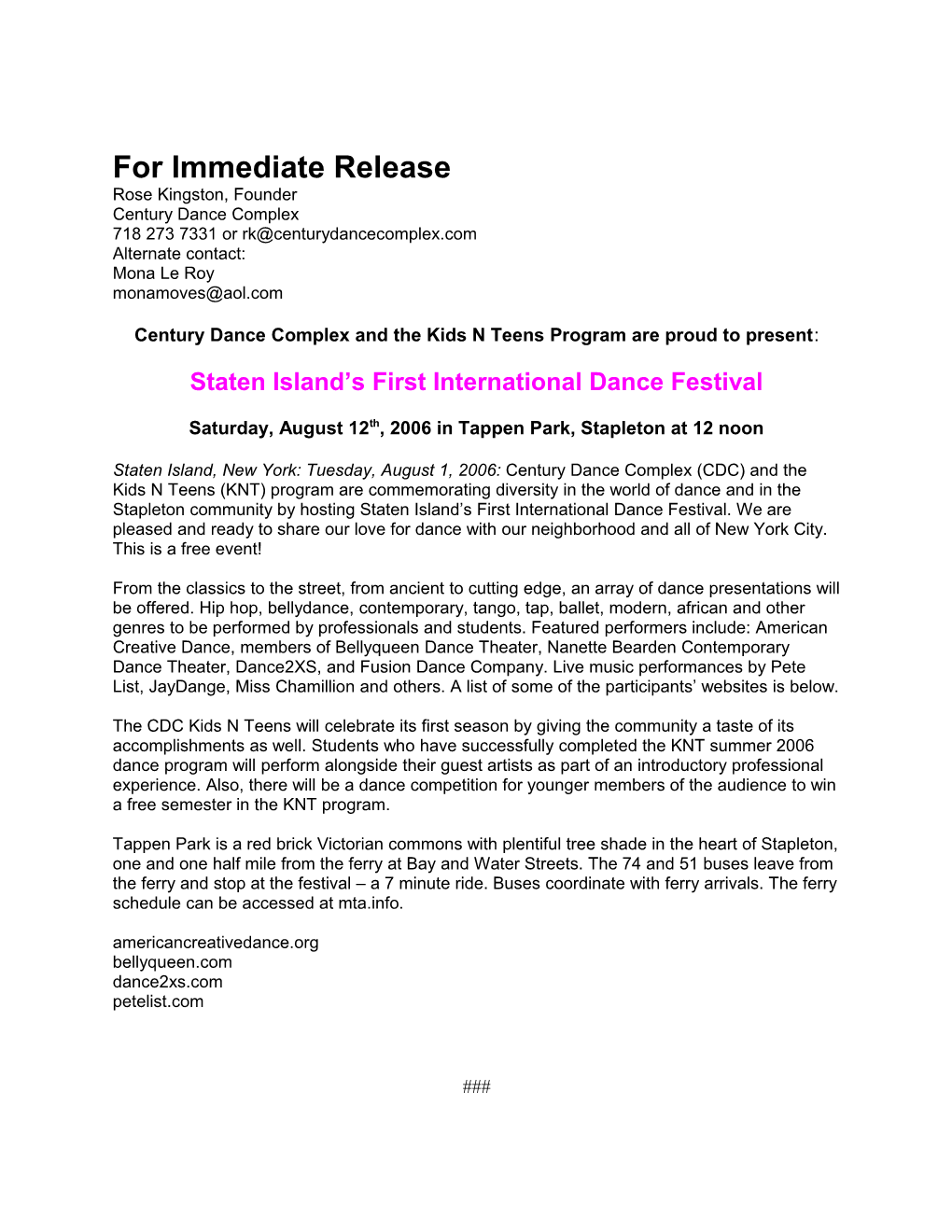 For Immediate Release s170