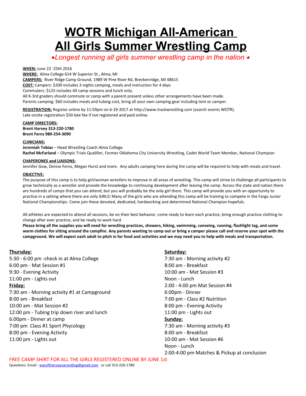 All Girls Summer Wrestling Camp