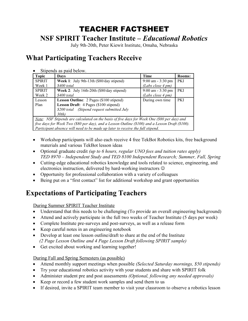 NSF SPIRIT Teacher Institute Educational Robotics