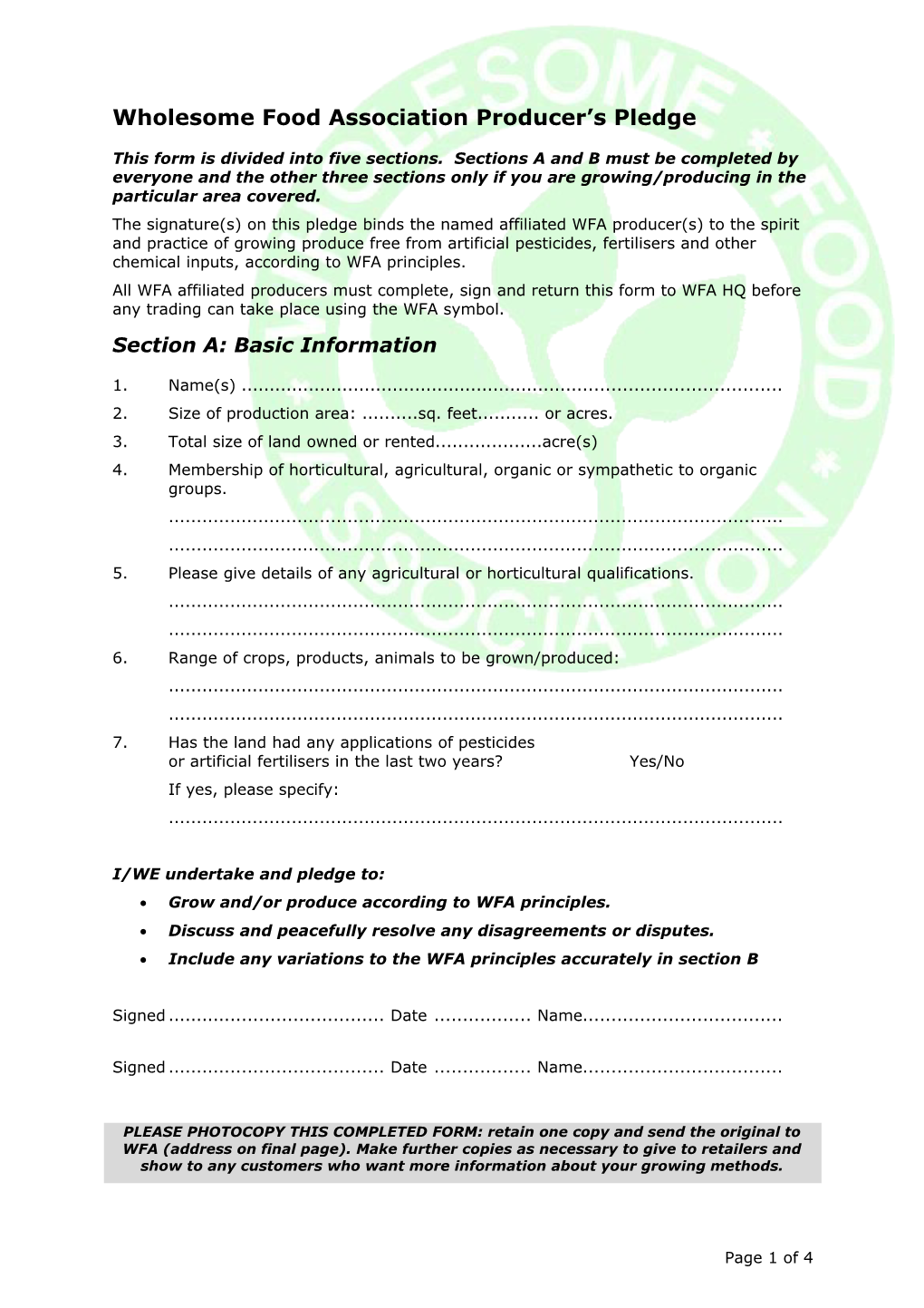 WFA Questionnaire and Grower S/Producer S Pledge