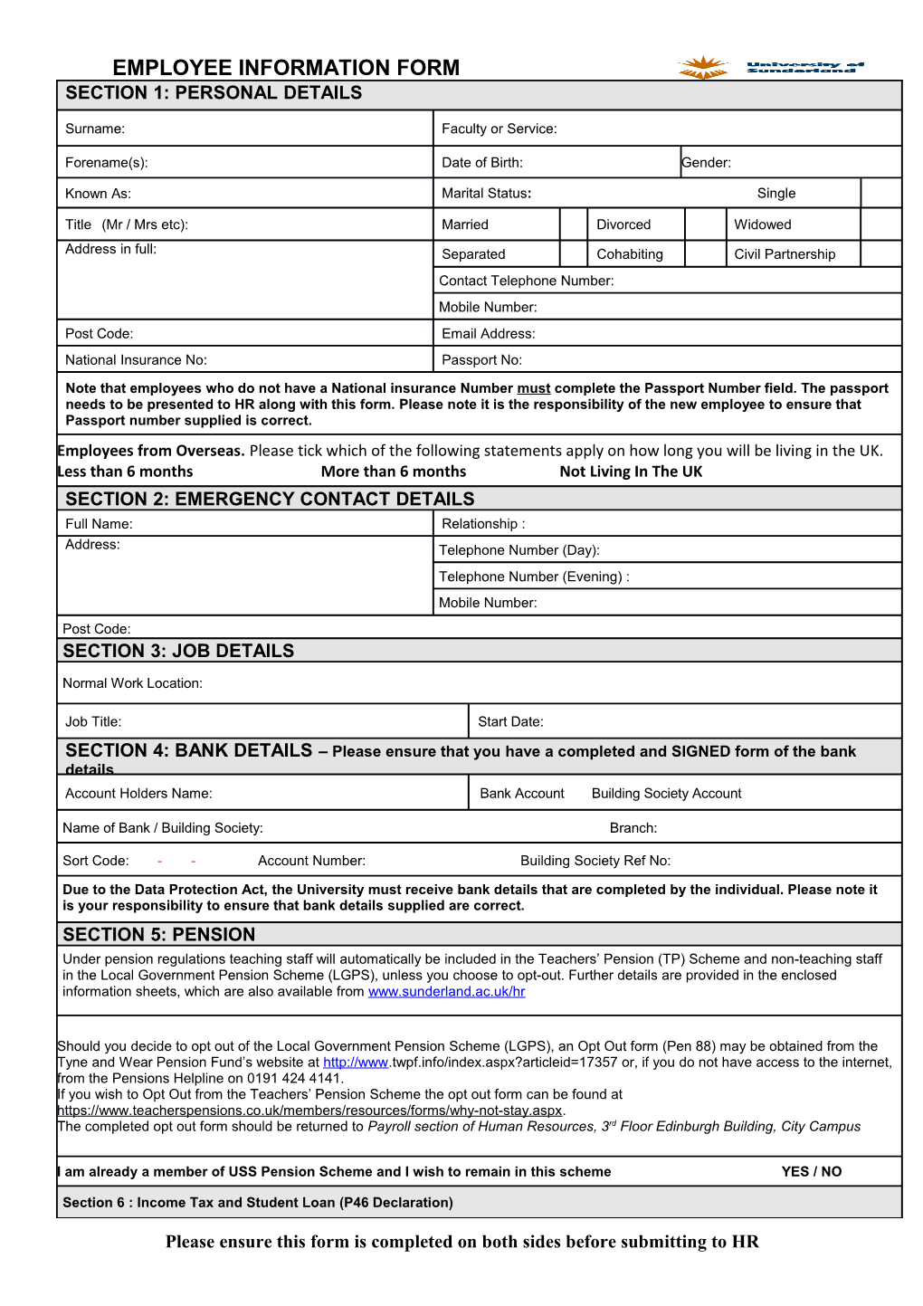 Please Ensure This Form Is Completed on Both Sides Before Submitting to HR