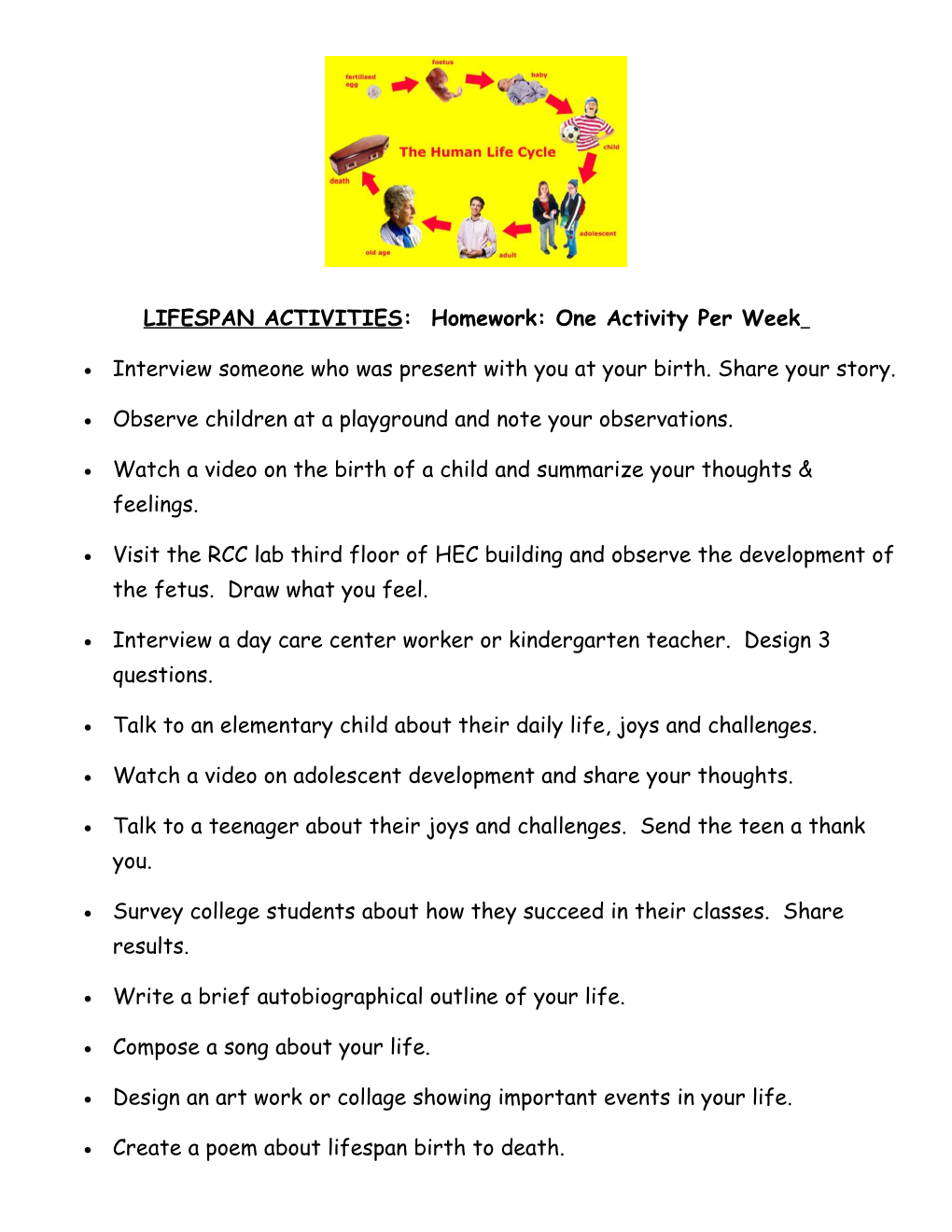 LIFESPAN ACTIVITIES: Homework: One Activity Per Week