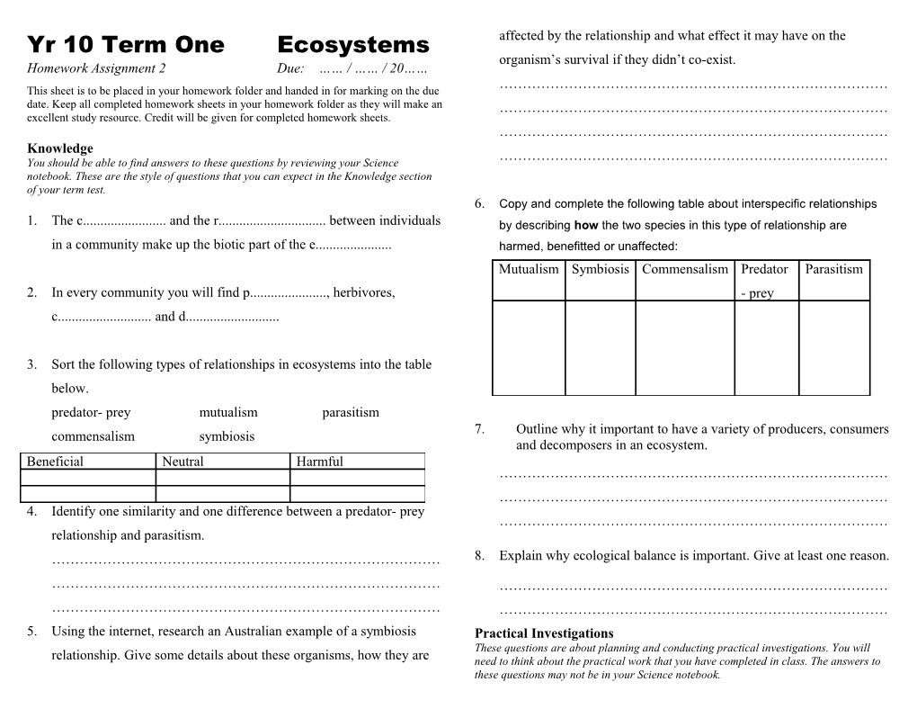 Yr 10 Term One Ecosystems