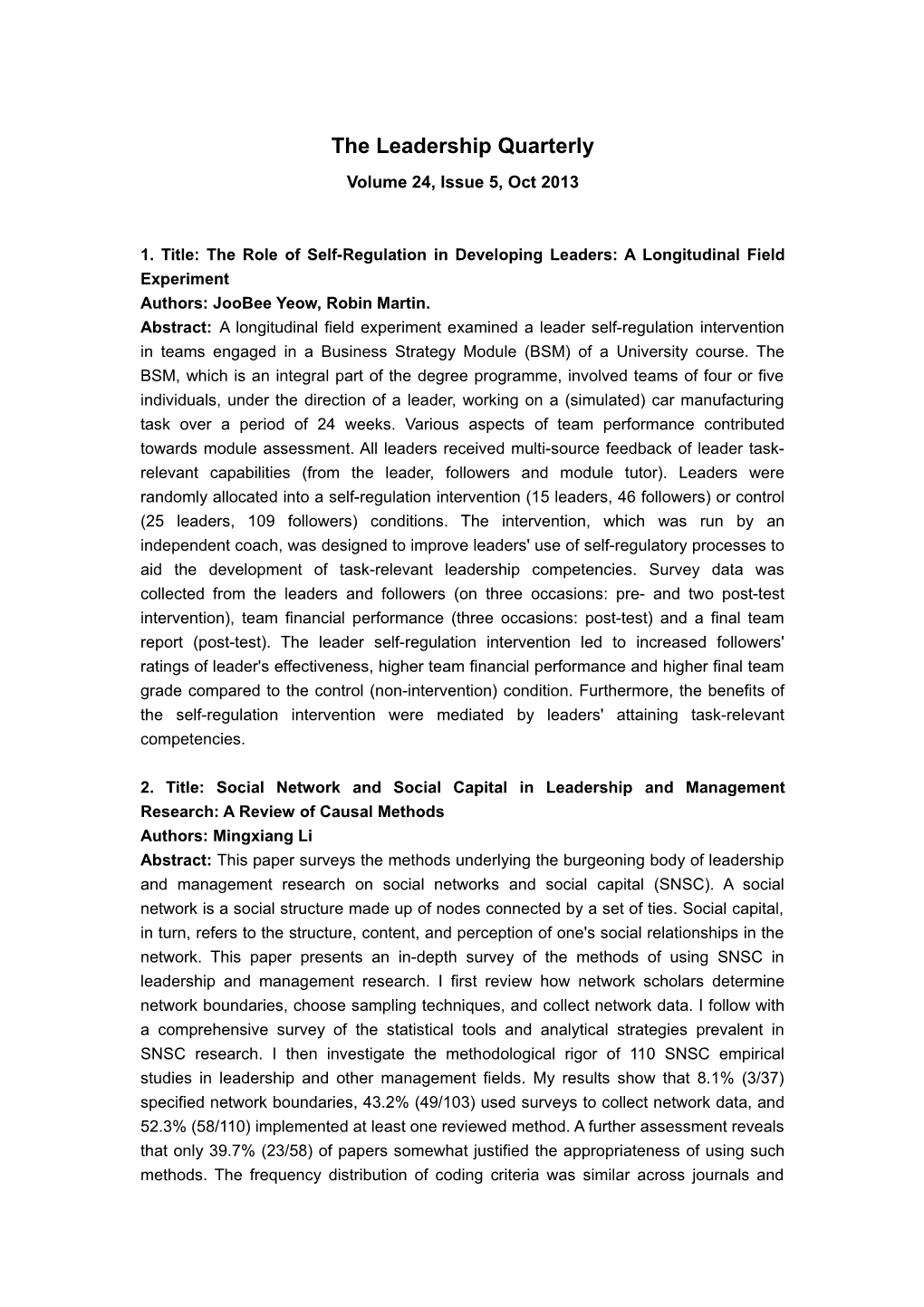 1. Title: the Role of Self-Regulation in Developing Leaders: a Longitudinal Field Experiment