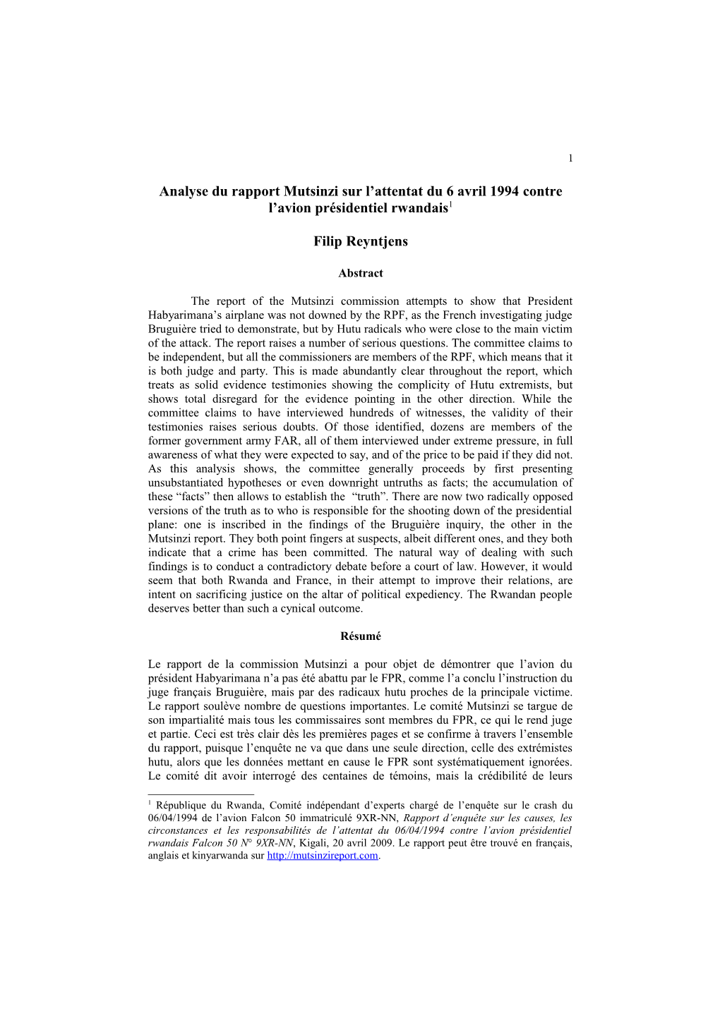 Analyse Du Rapport Mutsinzi Sur L Attentat Du 6 Avril 1994 Contre L Avion Présidentiel Rwandais