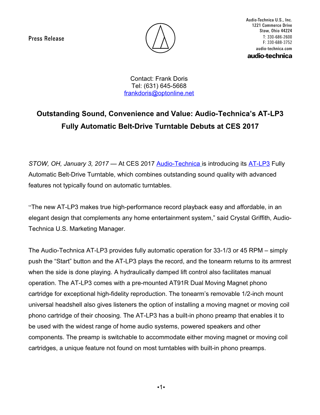 Audio-Technica AT-LP60 Press Release