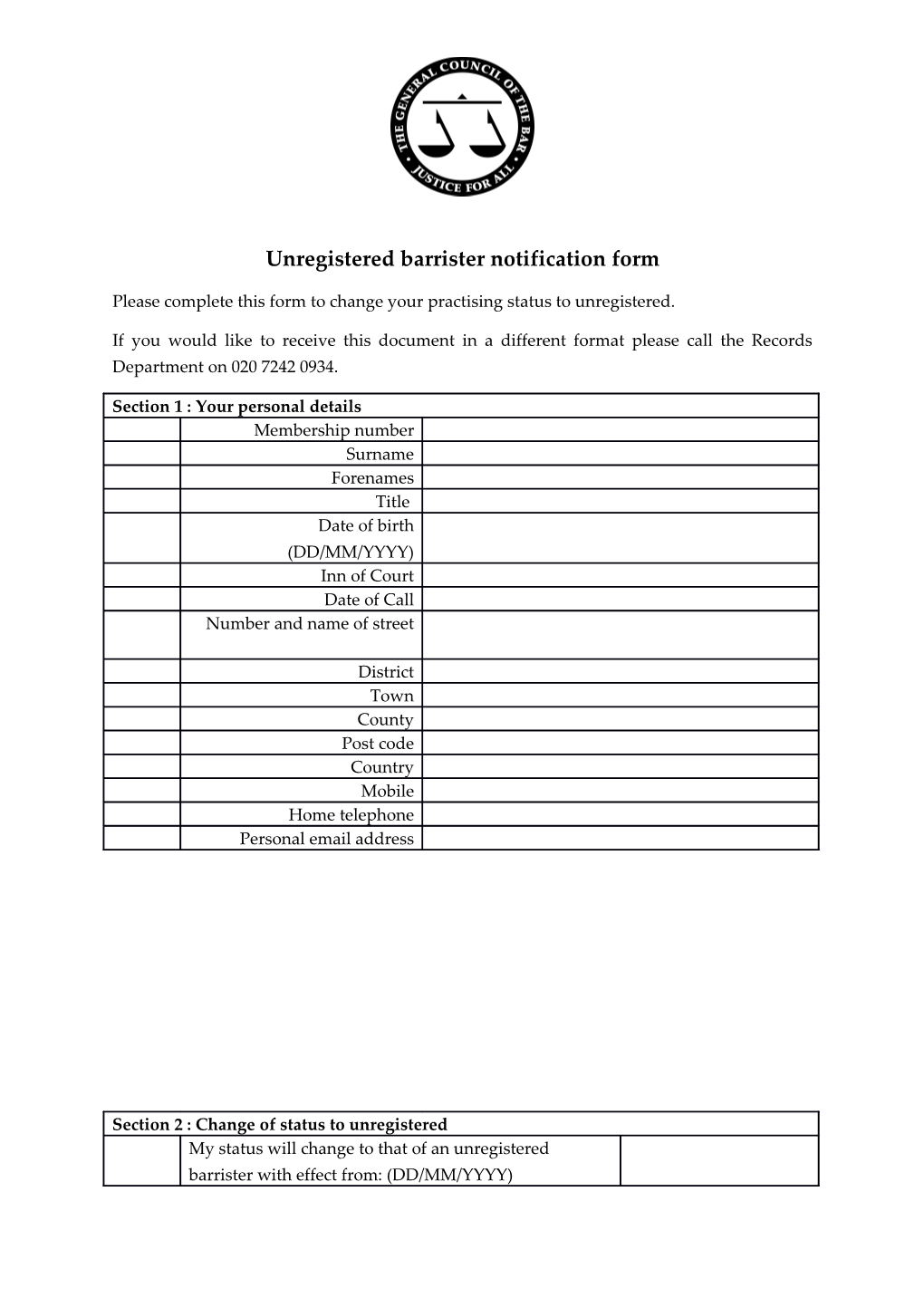 Unregistered Barrister Notification Form