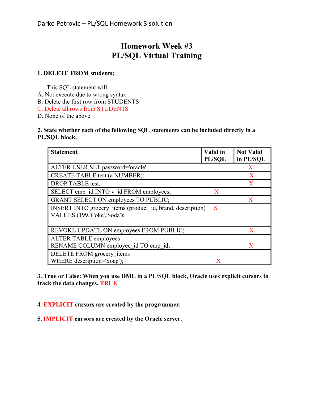 Darko Petrovic PL/SQL Homework 3 Solution