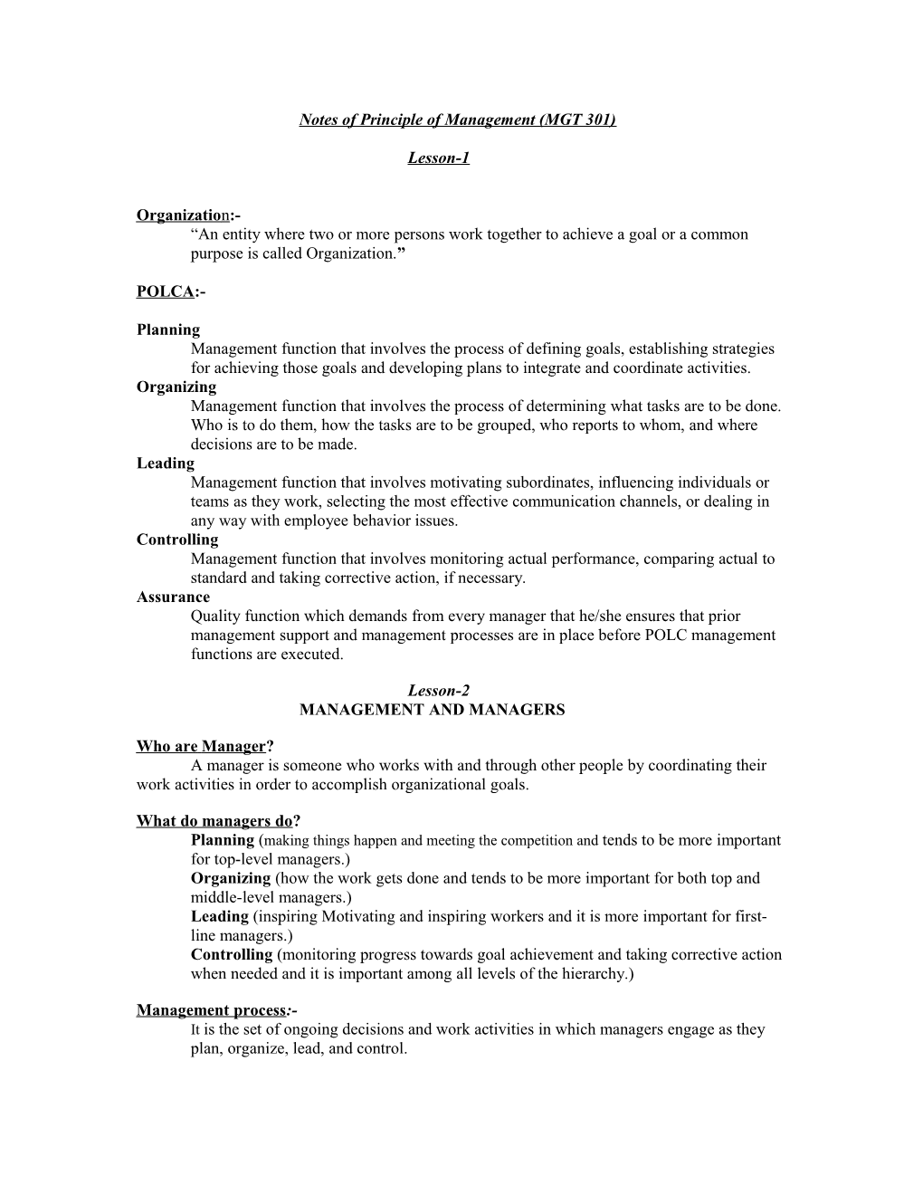 Notes of Principle of Management (MGT 301)