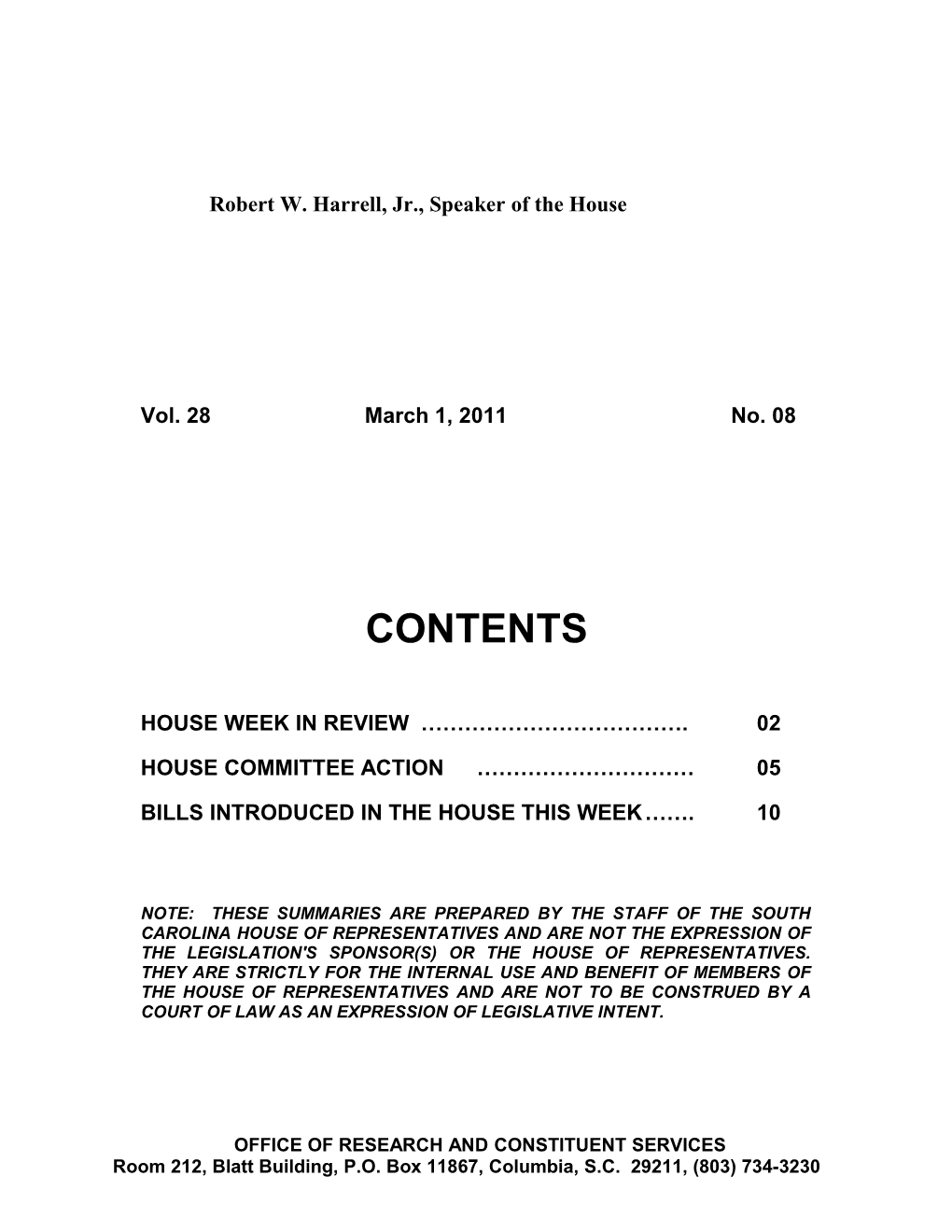 Legislative Update - Vol. 28 No. 08 March 1, 2011 - South Carolina Legislature Online