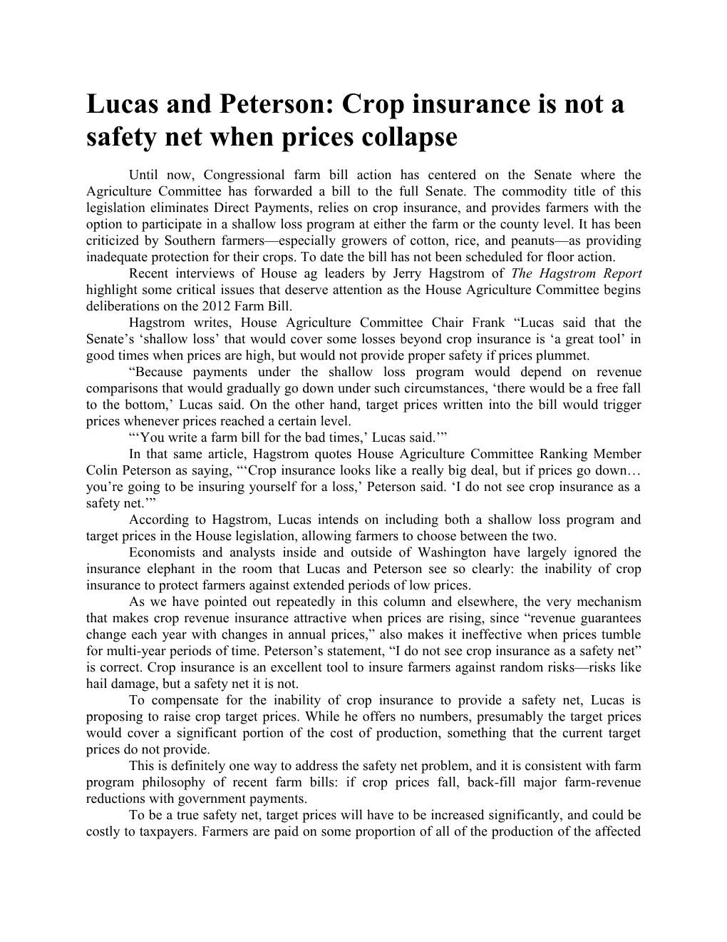 Lucas and Peterson: Crop Insurance Is Not a Safety Netwhen Prices Collapse