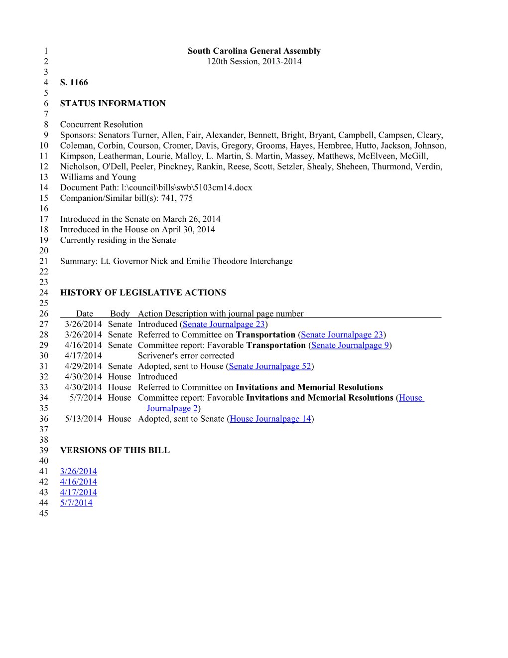 2013-2014 Bill 1166: Lt. Governor Nick and Emilie Theodore Interchange - South Carolina