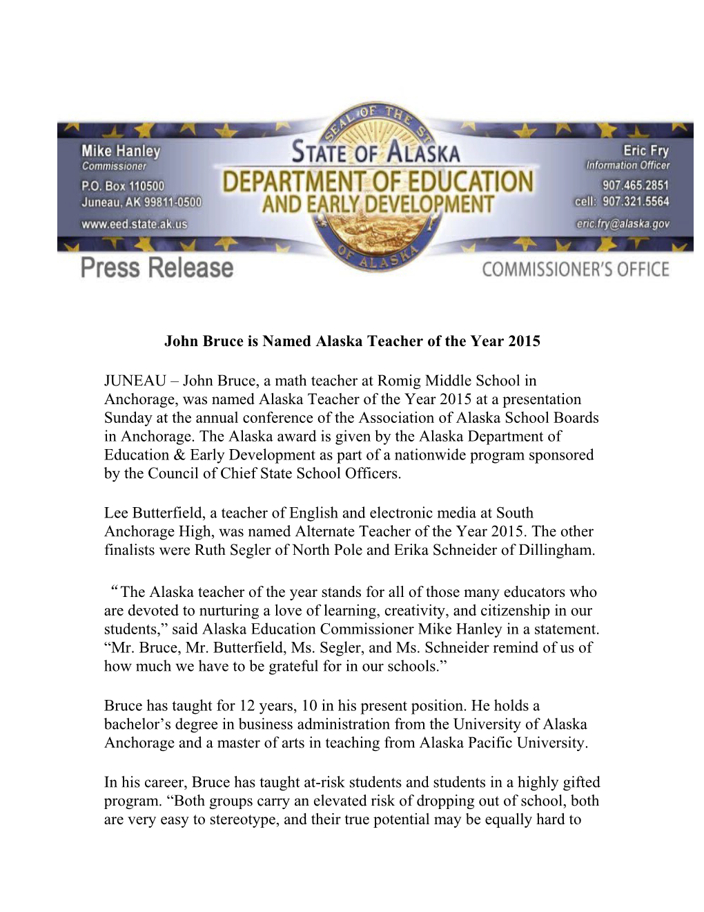 John Bruce Is Named Alaska Teacher of the Year 2015