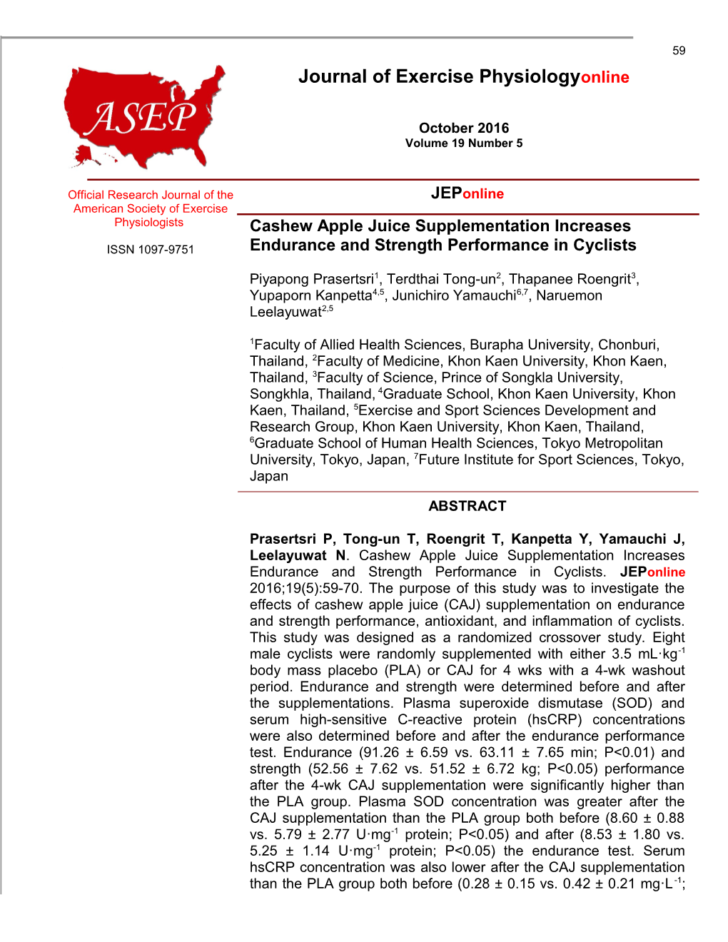 Cashew Apple Juice Supplementation Increases Endurance and Strength Performance in Cyclists