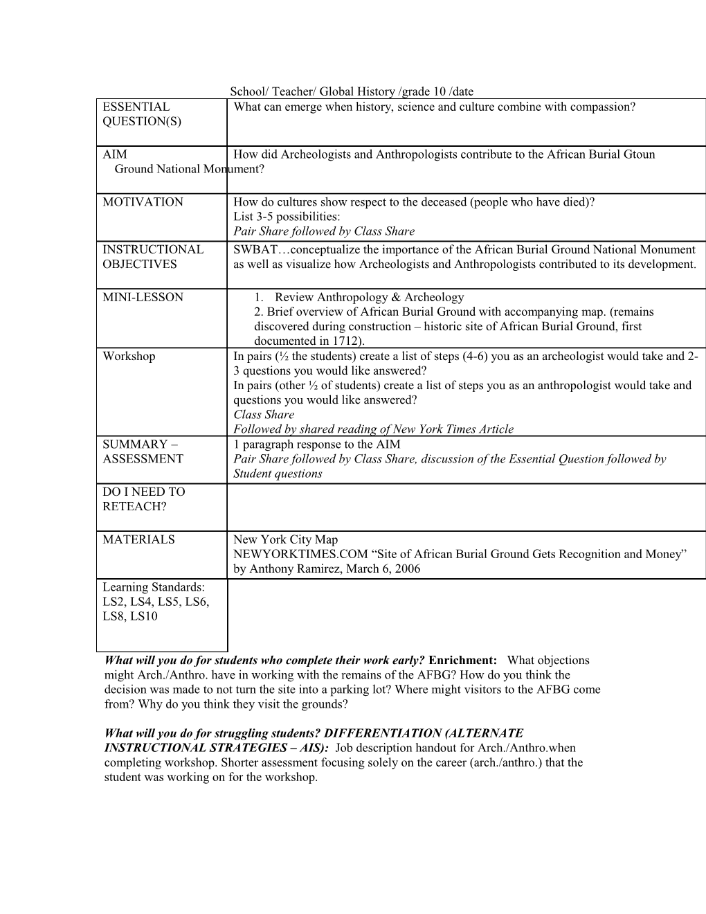 School/ Teacher/ Global History /Grade 10 /Date