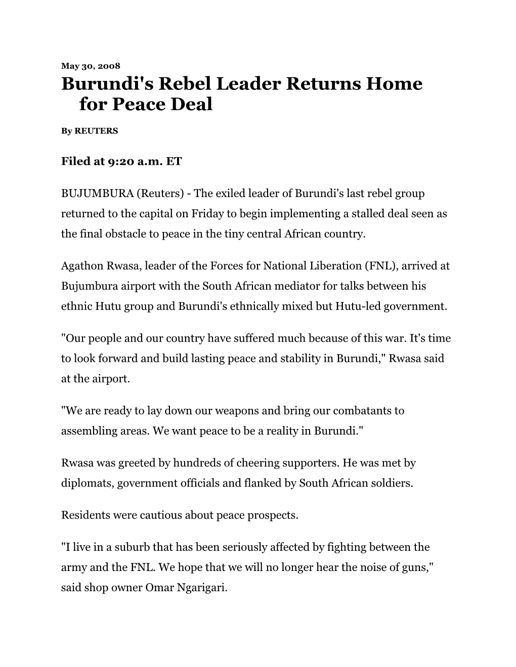 Burundi's Rebel Leader Returns Home for Peace Deal