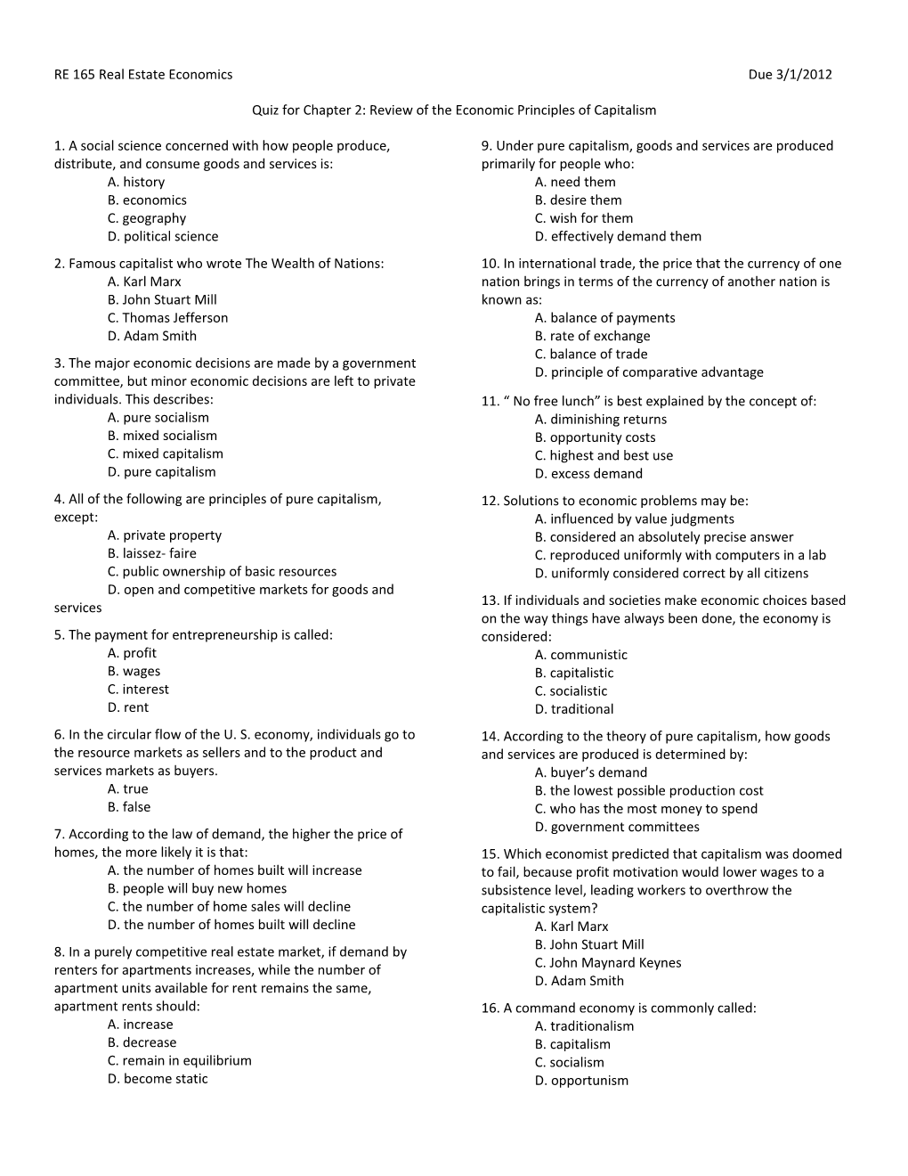 RE 165 Real Estate Economics Due 3/1/2012