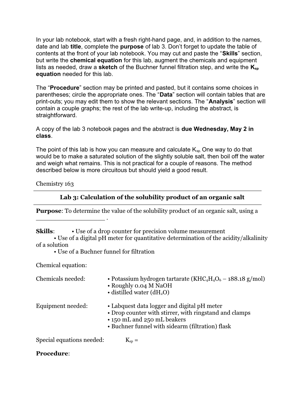 Lab 3: Calculation of the Solubility Product of an Organic Salt