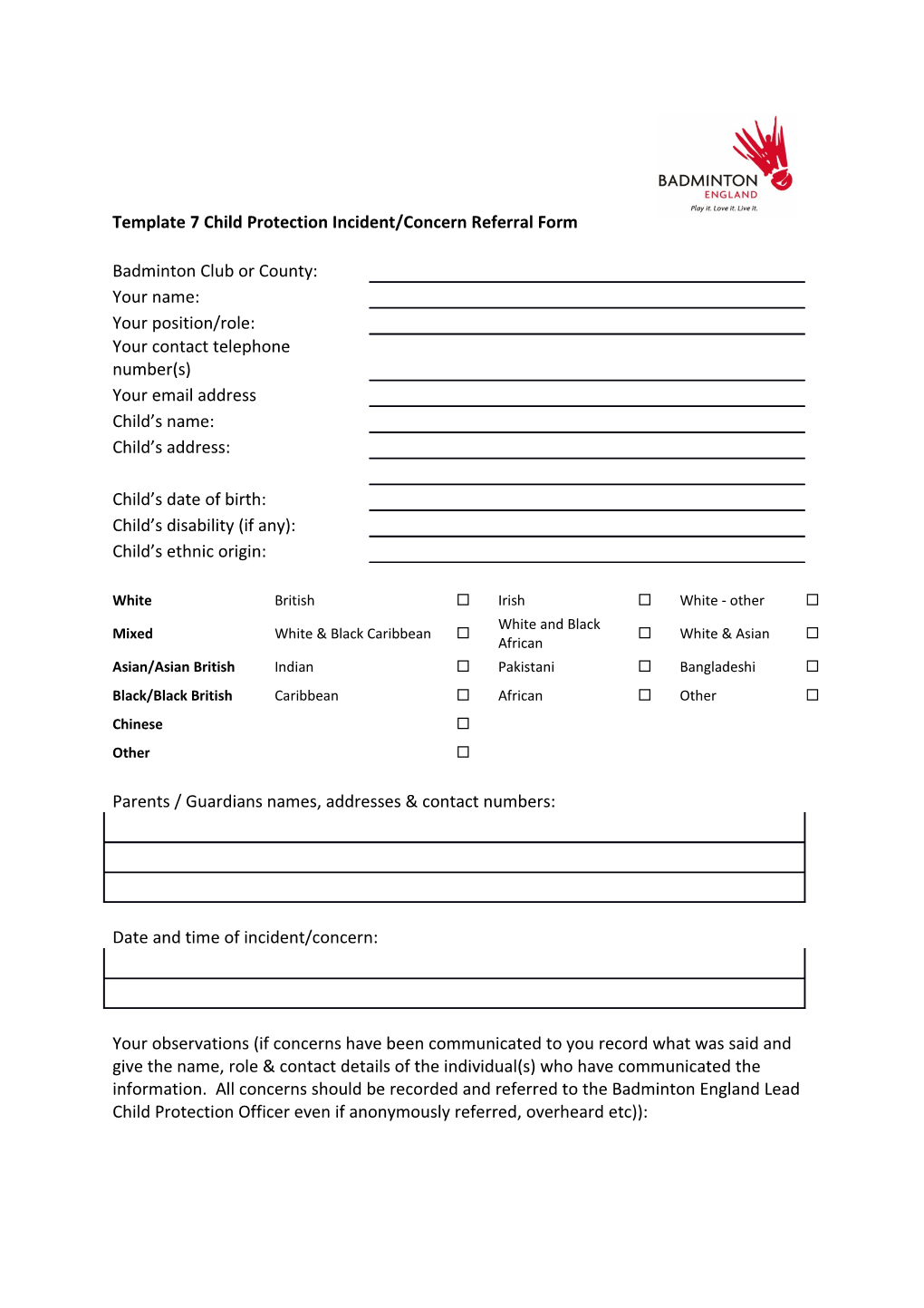 Template 7 Child Protection Incident/Concern Referral Form