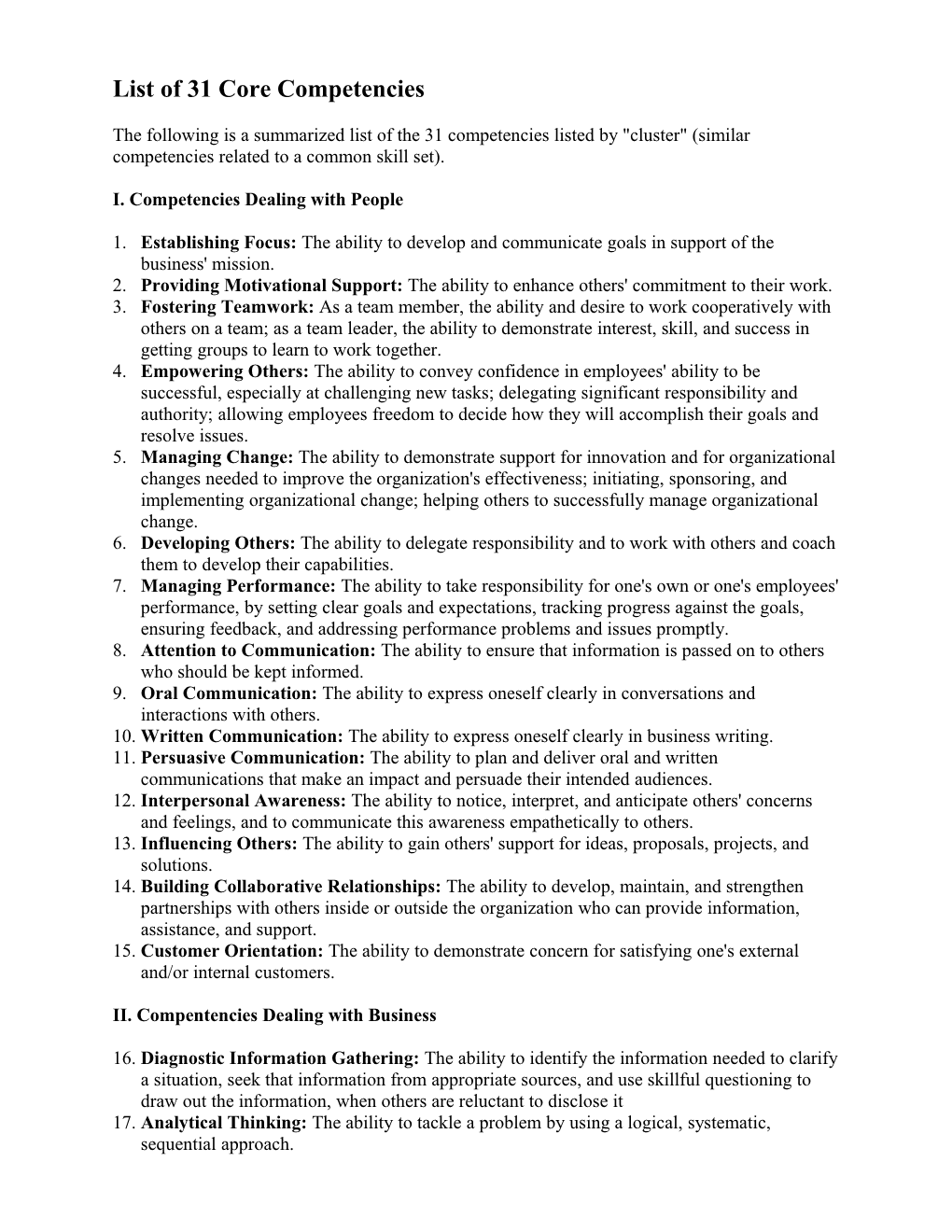 List of 31 Core Competencies