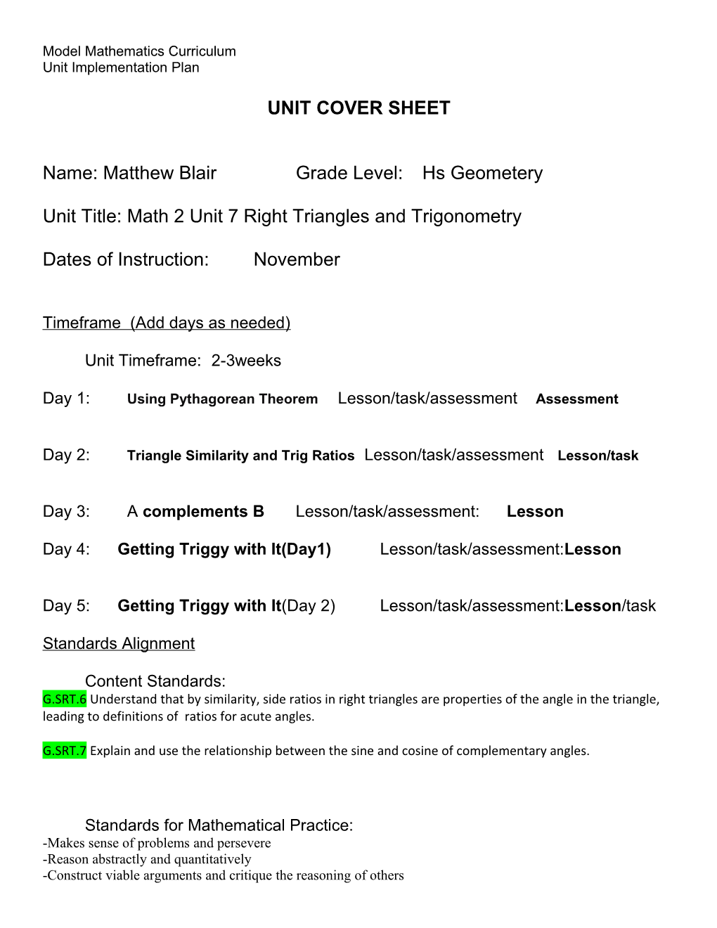 Model Mathematics Curriculum