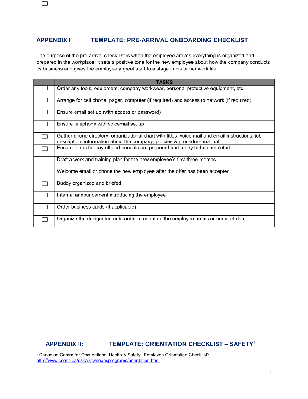 Appendix I Template: Pre-Arrival Onboarding Checklist