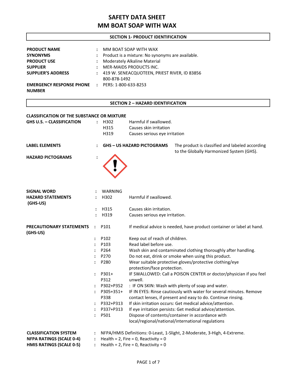 Section 3 Compositon/Information on Ingredients